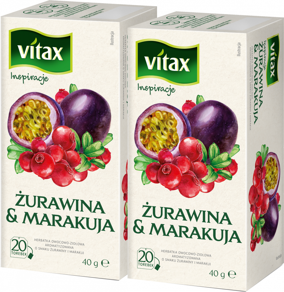 2x Herbata owocowa w torebkach Vitax Inspirations, żurawina i marakuja, 20 sztuk x 2g