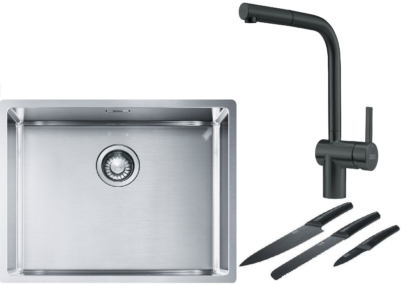 Franke Box BXX 110-54/ BXX 210-54 zlewozmywak 58x45 cm stalowy z baterią kuchenną Atlas czarna stal szlachetna i zestawem noży ... - Wysyłka w 24h