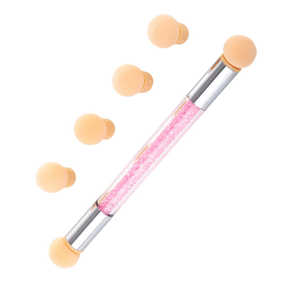 Dwustronny pędzel gąbka do ombre i nail art z cyrkoniami różowy