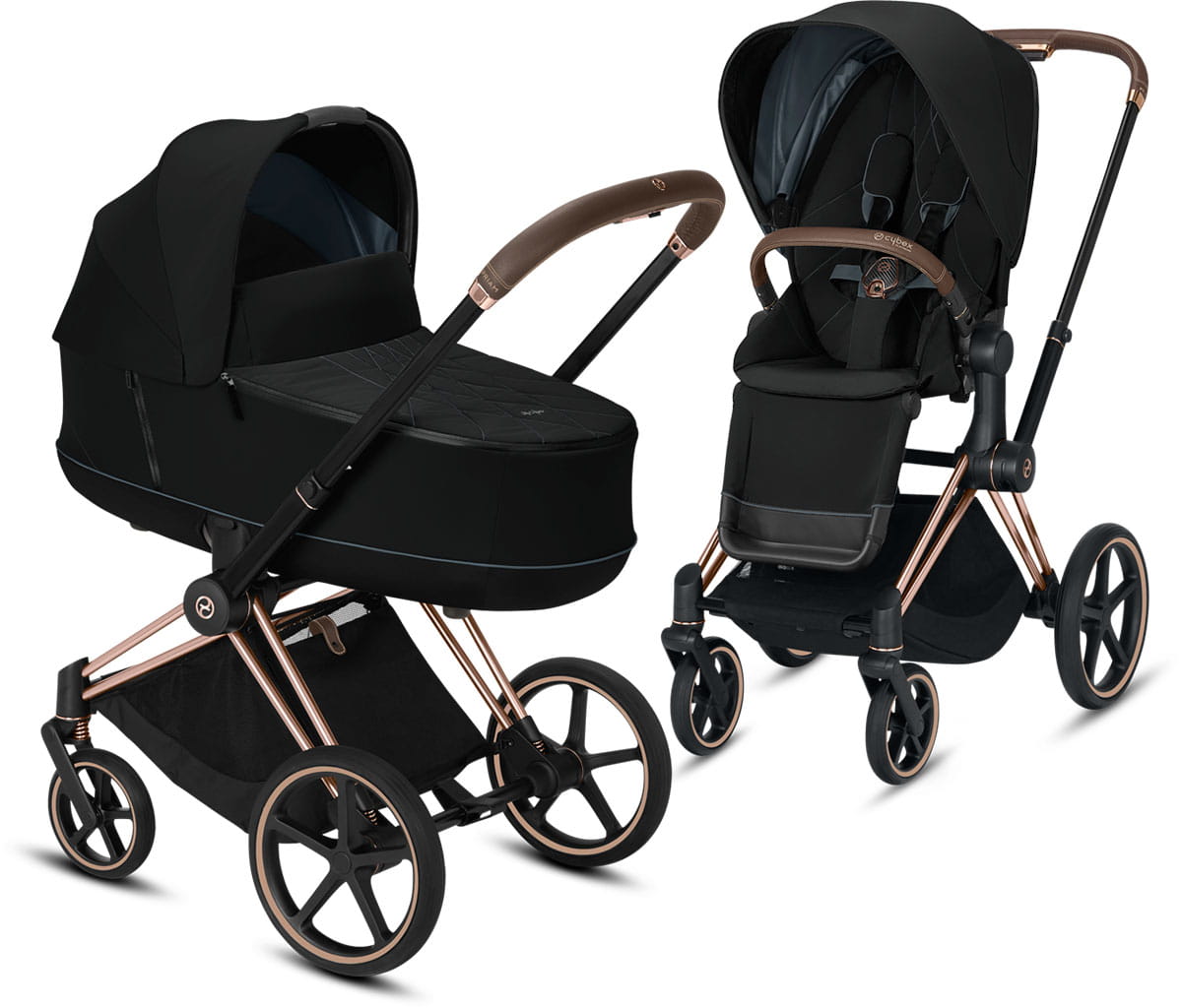 Cybex, Priam 2.0 - wózek spacerowy z gondolą Lux-Deep Black-Chrome z brązową rączką