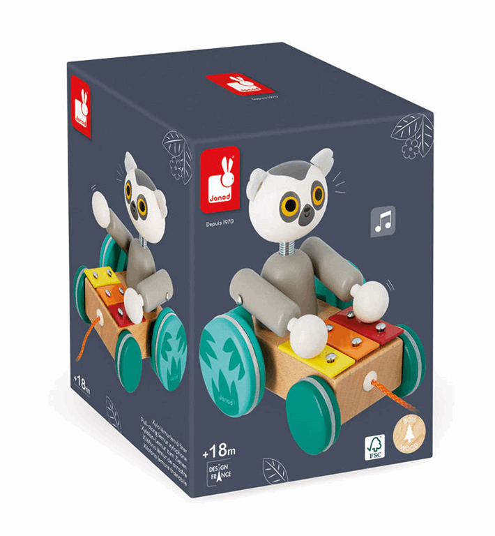 Janod Drewniany lemur z cymbałkami do ciągnięcia Tropik 18m+ - 08270