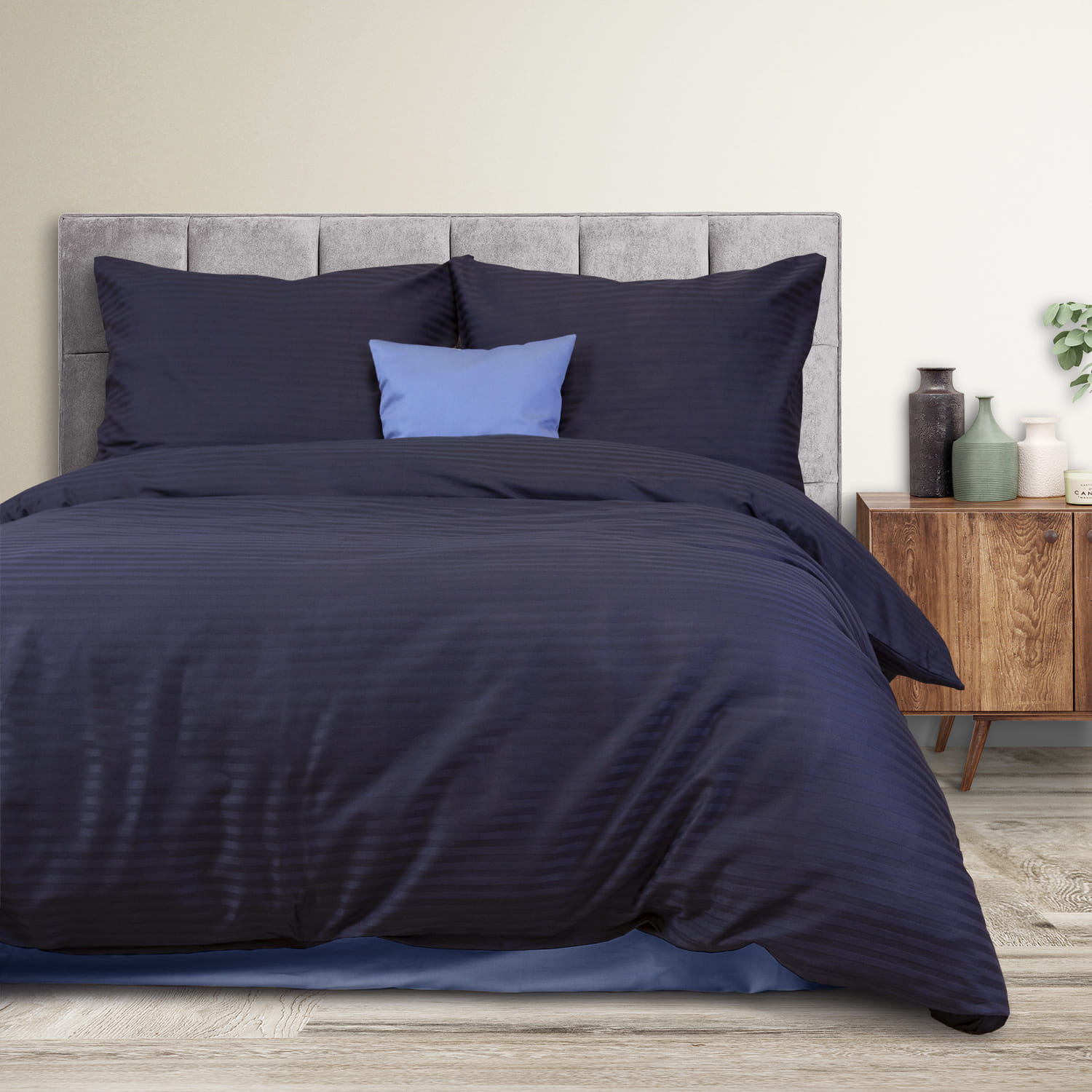 Pościel bawełniana 160x200 satyna pasy navy blue