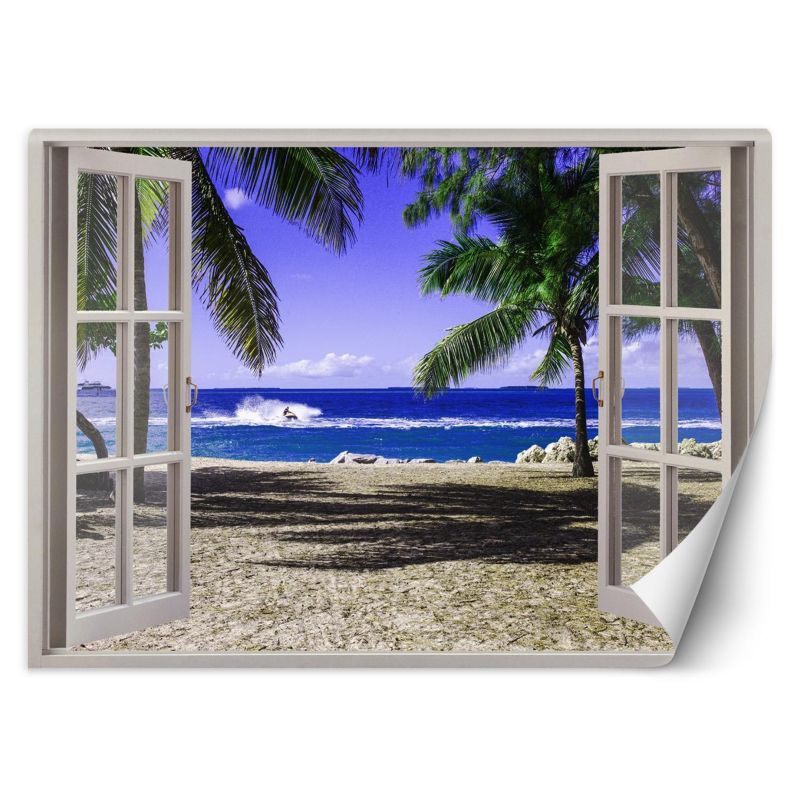 Fototapeta Feeby Okno z widokiem na tropikalną plażę 140x100 1 szt