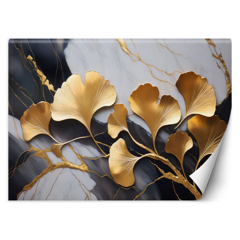Fototapeta Feeby Kwiaty Ginko Botanika Marmur Szaro Złoty 250x175 1 szt