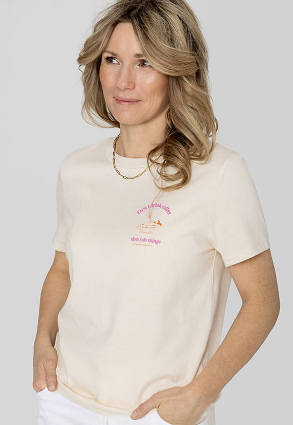 Lillow - T-shirt z nadrukiem Coffee - beż melanż - Uszyto w Polsce