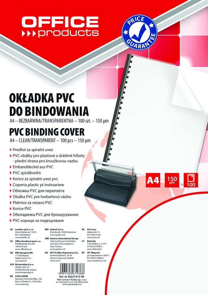 Okładki do bindowania Office Produts, A4, 150 μm, 100 sztuk, przezroczysty