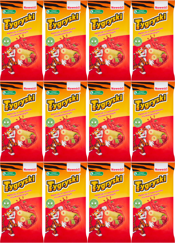 12x Chrupki kukurydziane Tygryski, z nadzieniem truskawkowym, 60g