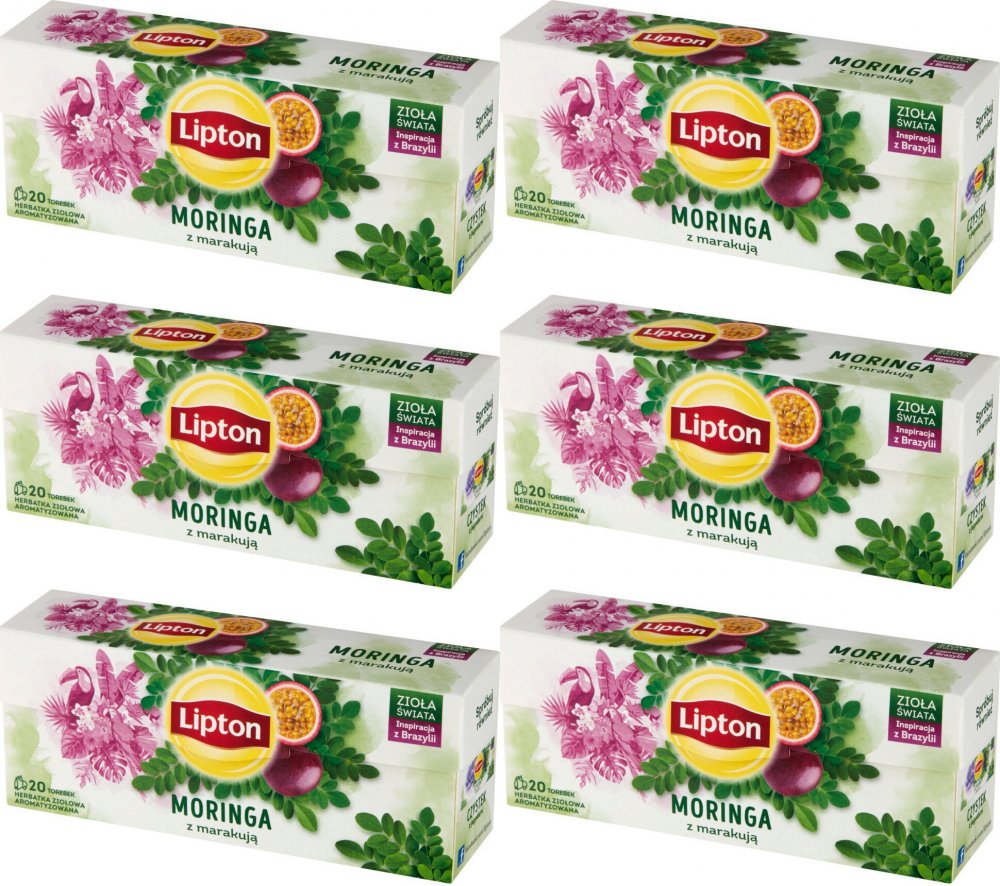 6x Herbata ziołowa w torebkach Lipton Zioła Świata, moringa z marakują, 20 sztuk x 1.3g