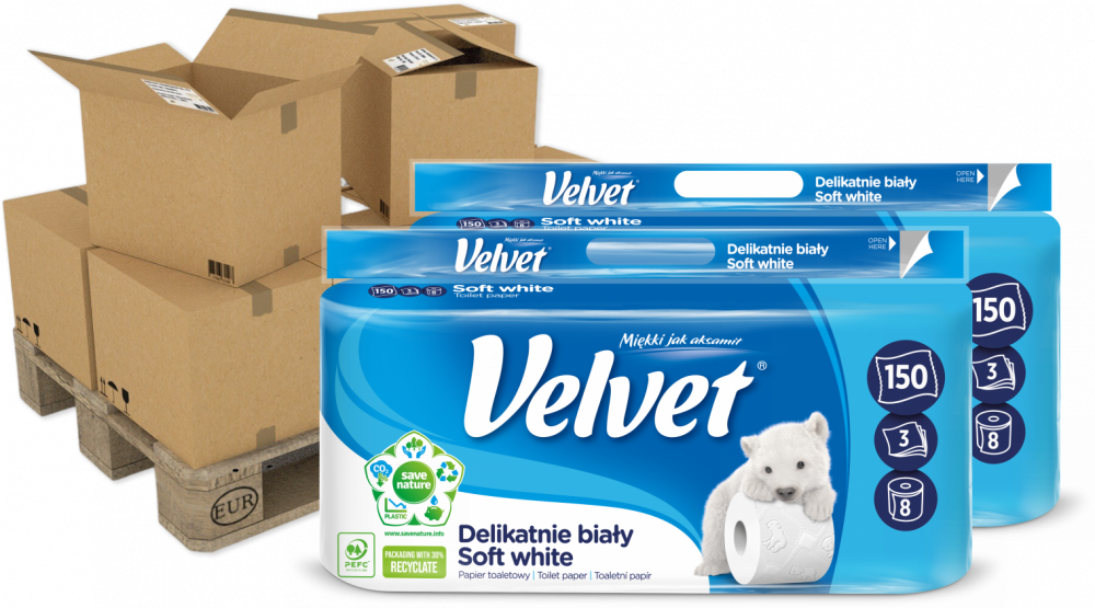210x Papier toaletowy Velvet, 3-warstwowy, 8 rolek, delikatnie biały