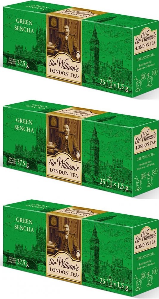 3x Herbata zielona w torebkach Sir William's London Green Sencha, 25 sztuk x 1.5g