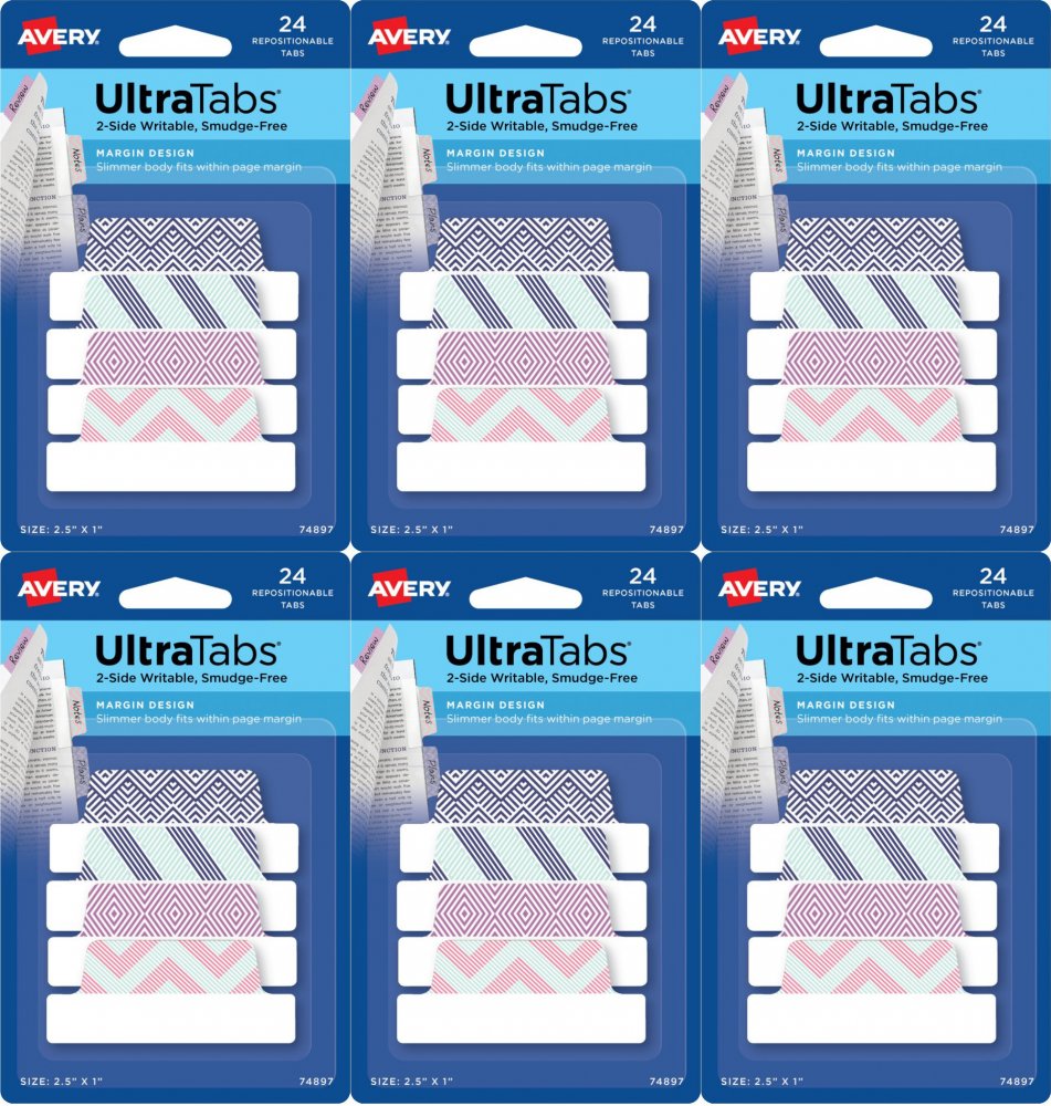 6x Zakładki samoprzylepne Avery Zweckform Ultra Tabs 74897, indeksujące ze wzorkami, folia, 65.5x25.4mm, 24 sztuki, mix kolorów