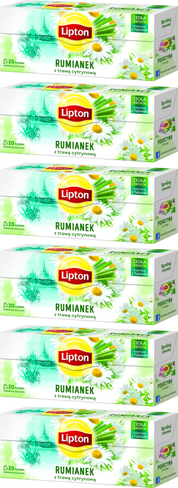 6x Herbata ziołowa w torebkach Lipton, rumianek z trawą cytrynową, 20 sztuk x 1.3g