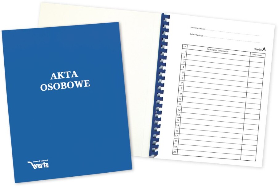 Teczka do akt osobowych Warta, A4, z bindą wewnętrzną, niezadrukowana, ABCDE, niebieski