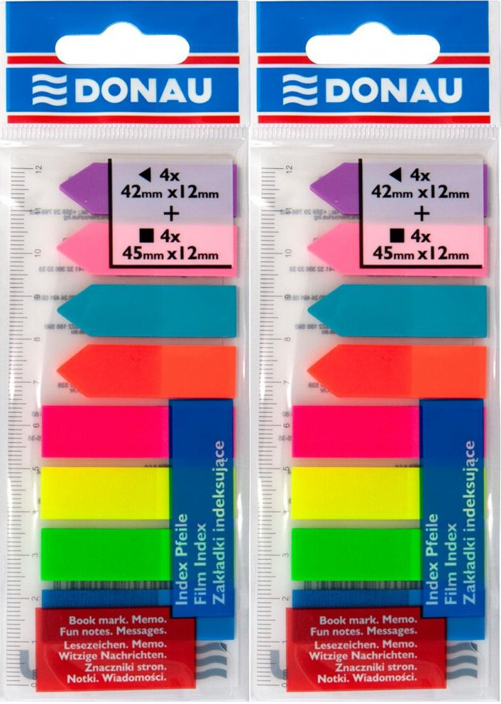 2x Zakładki samoprzylepne Donau proste/strzałki, indeksujące, folia, transparentne, 12x45mm/12x42mm, 4x25/4x25 sztuk, mix kolorów neonowych