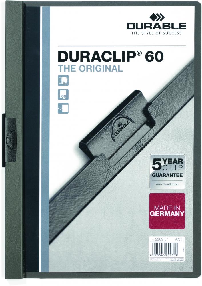 Skoroszyt plastikowy z klipsem Durable DuraClip, A4, do 60 kartek grafitowy