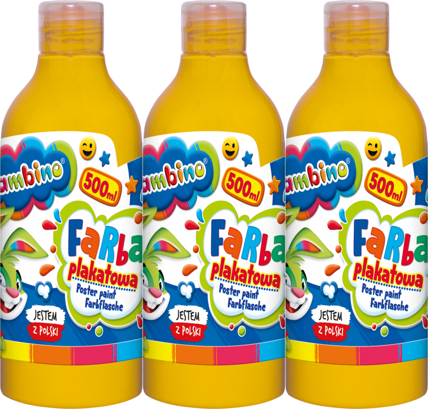 3x Farba plakatowa Bambino Zwierzaki Uczniaki, w butelce, 500ml, żółty