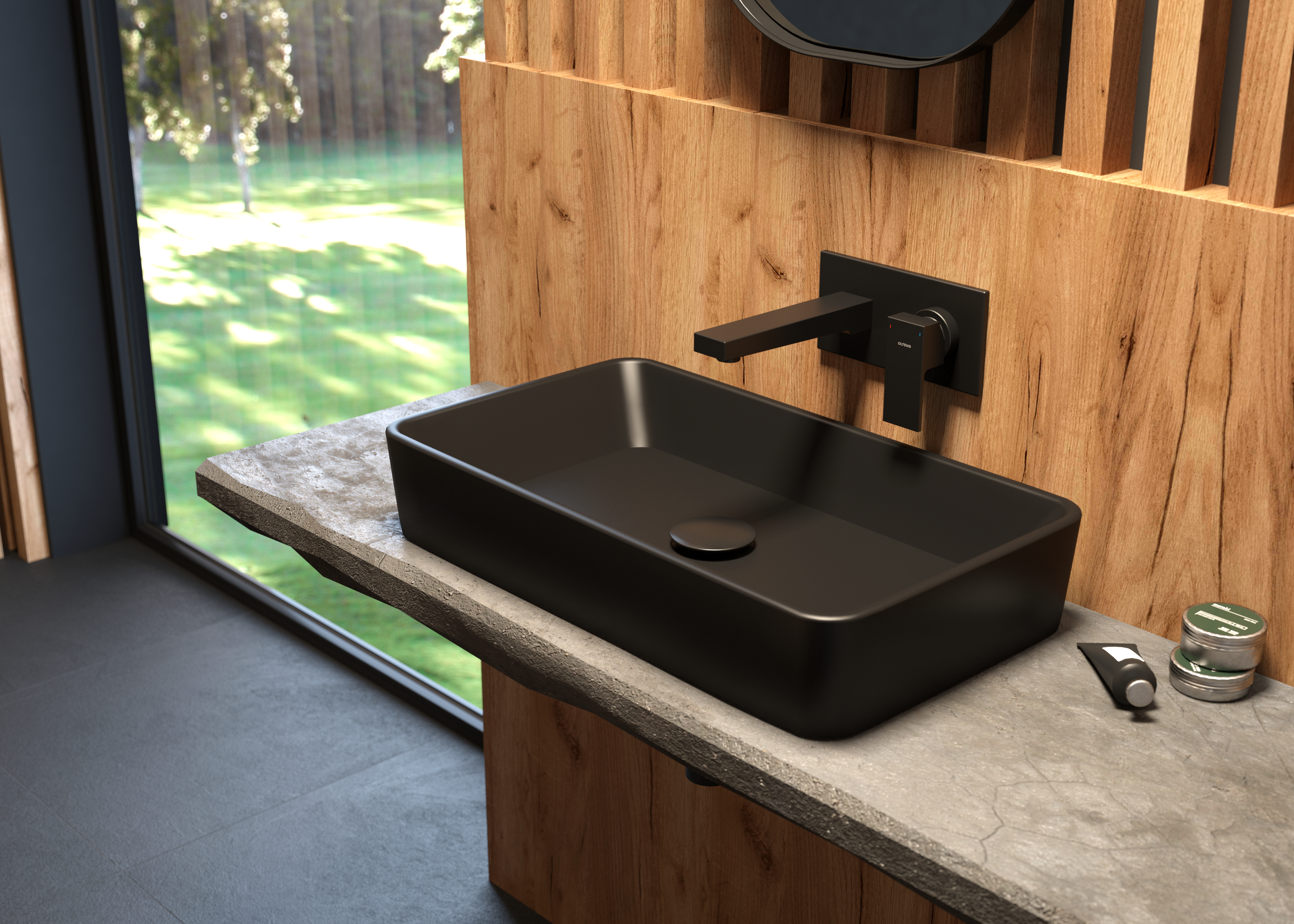 Oltens Forde umywalka 51x40,5 cm nablatowa prostokątna z powłoką SmartClean czarny mat 40803300 - Wysyłka w 24h