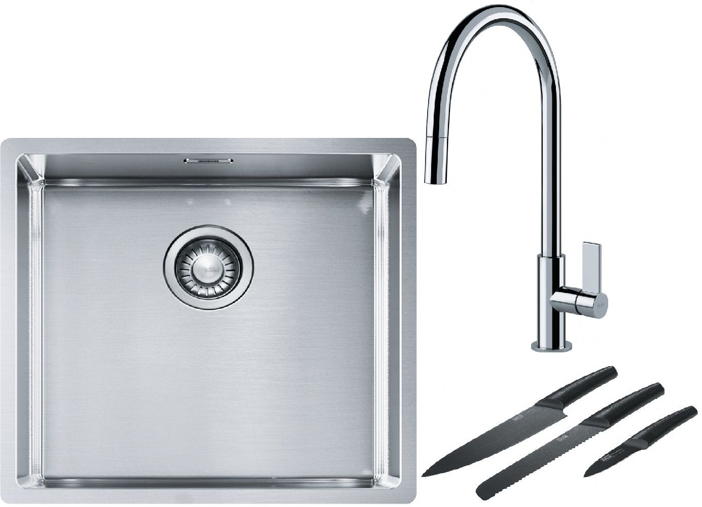 Franke Box BXX 210/110-45 zlewozmywak 49x45 cm stalowy z baterią kuchenną Ambient chrom i zestawem noży kuchennych (1270453655, ...