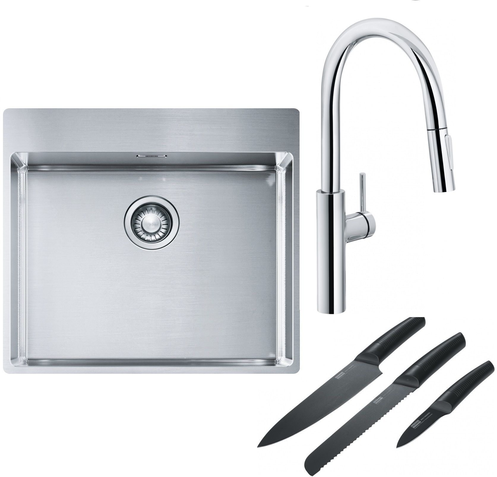 Franke Box BXX 210-54 TL zlewozmywak 57x51 cm stalowy z baterią kuchenną Pescara L Slide-In chrom i zestawem noży kuchennych ... - Wysyłka w 24h