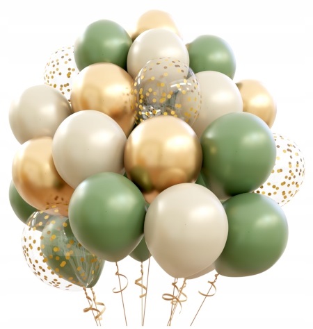 Zestaw balonów khaki kremowe shiny konfetti złote Komunia Chrzest Urodziny