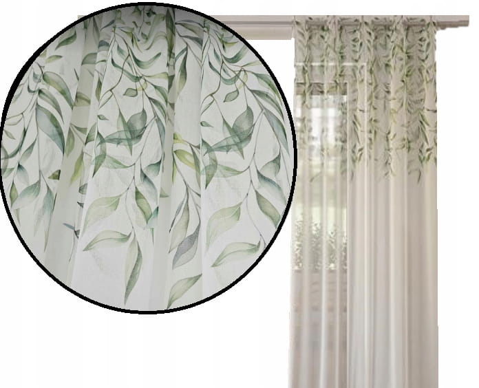 Firana z etaminy Zielone Liście wzór u góry 220x150 taśma