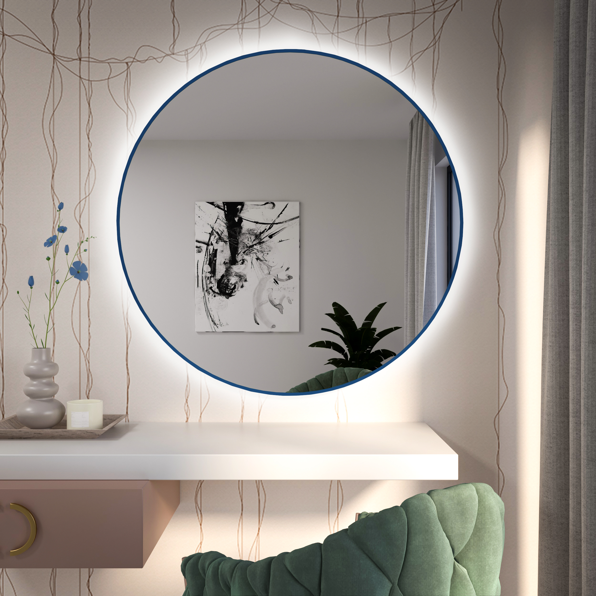 Darmowa Dostawa - Lustro 90x90 cm okrągłe z oświetleniem niebieski Baltica Design Tiny Border Bright 5904107930848