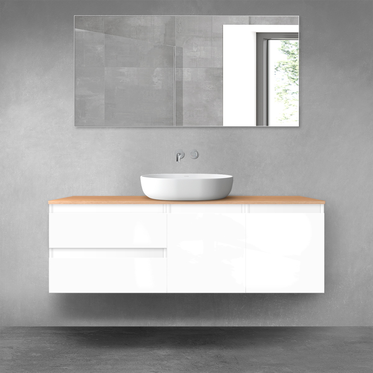 Darmowa Dostawa - Zestaw mebli łazienkowych 140x46.4x48.6 cm podumywalkowa wisząca biała-dab Oltens Vernal 68273000
