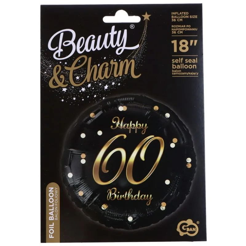 Balon foliowy B&C Happy 60 Birthday, czarny, nadruk złoty, 18" Godan