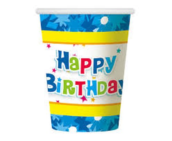 Kubeczki pap. Happy Birthday, 250 ml, 6 szt. BB