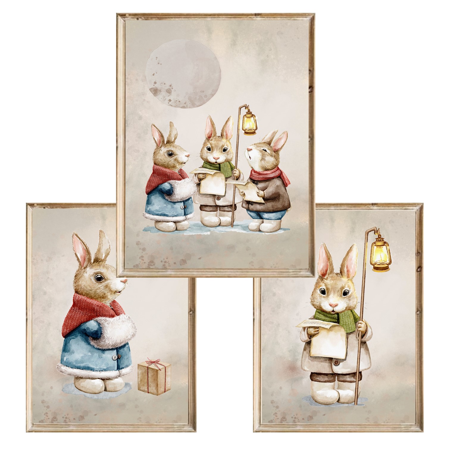 Zestaw trzech plakatów dla dzieci Vintage Christmas Bunnies - A3