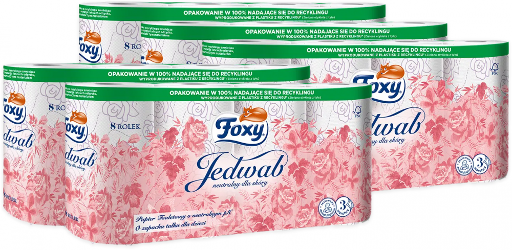 5x Papier toaletowy Foxy Jedwab, 3-warstwowy, 8 rolek, biały