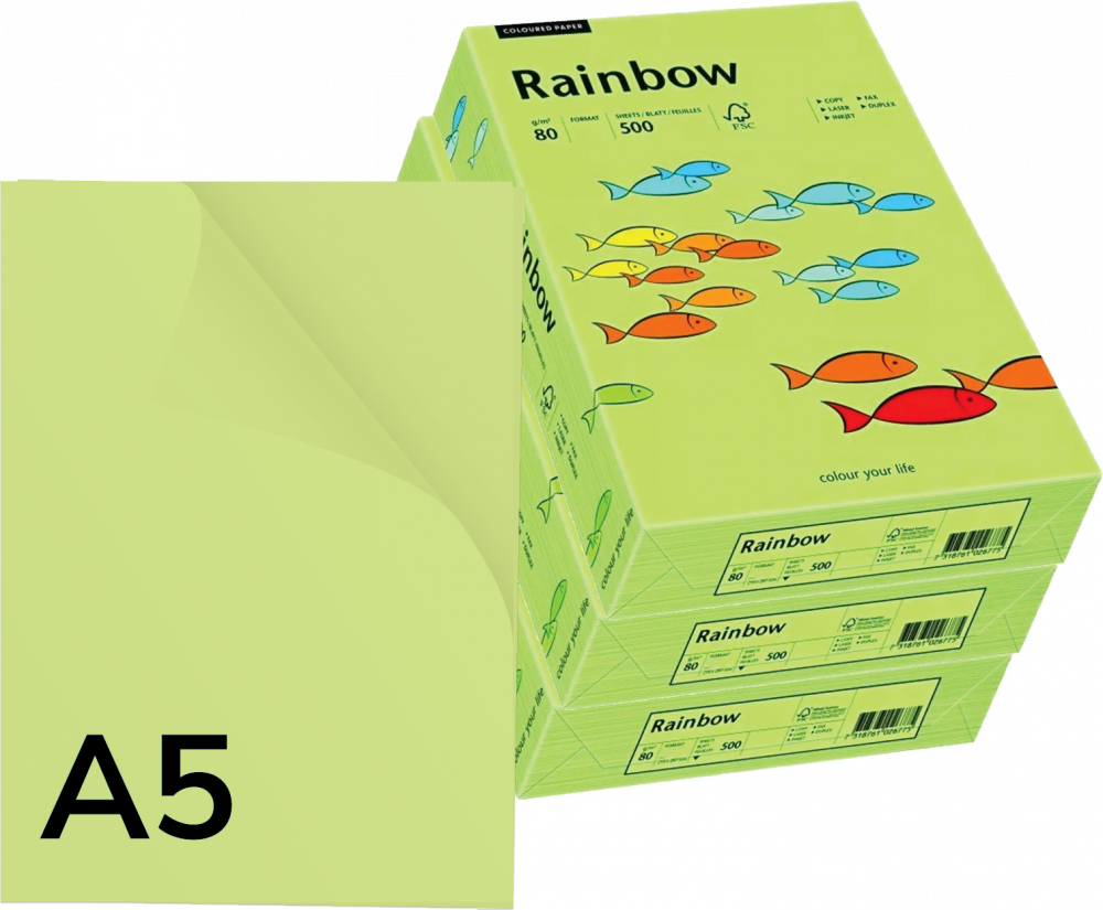 3x Papier kolorowy Rainbow, A5, 80g/m2, 500 arkuszy, jasny zielony (R74)