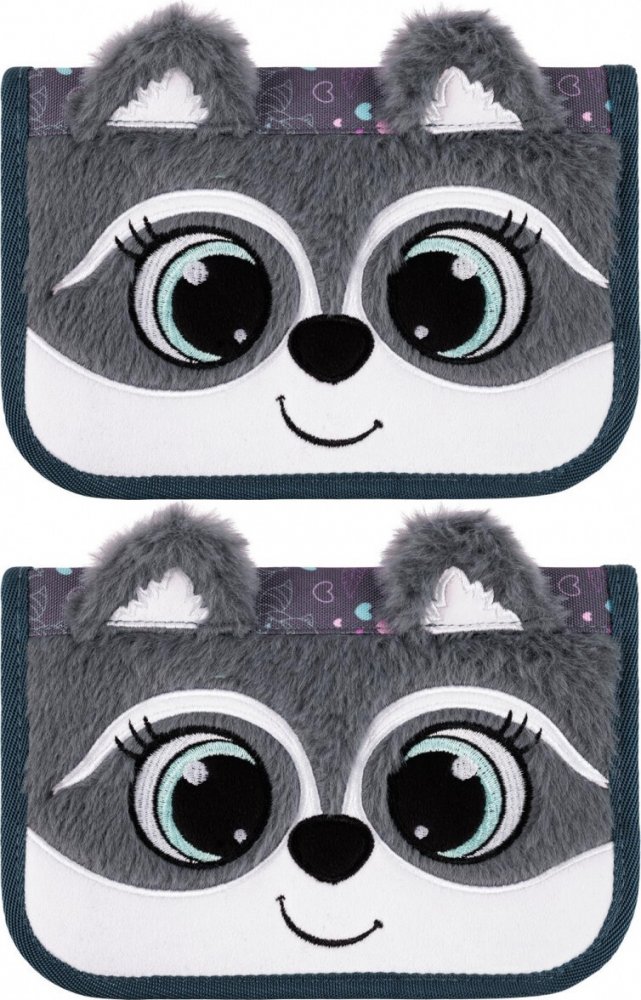 2x Piórnik szkolny Bambino Racoon, 1-komorowy, dwuklapkowy, bez wyposażenia, 21x14x3.5cm
