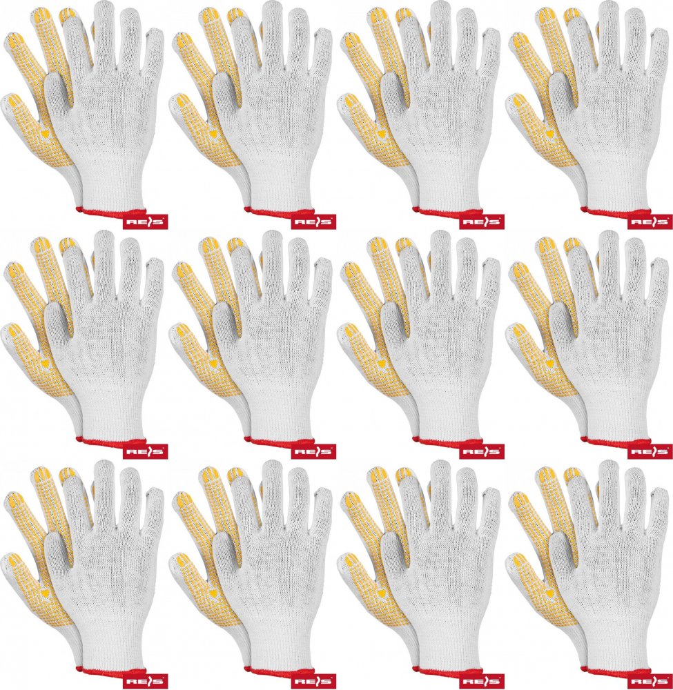 12x Rękawice robocze Reis RDZN, tkaninowe, nakrapiane, rozmiar 10, biało-żółty
