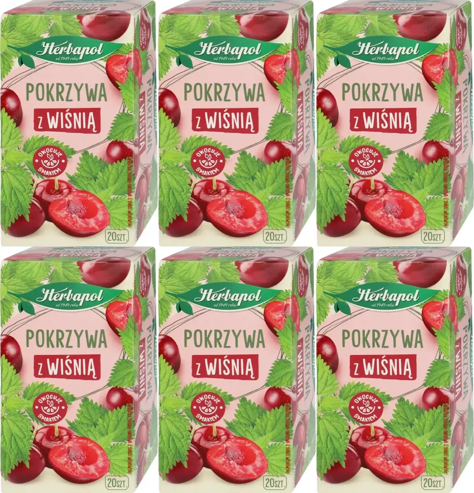 6x Herbata ziołowo-owocowa w torebkach Herbapol, pokrzywa z wiśnią, 20 sztuk
