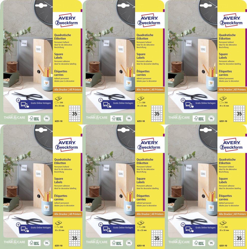 6x Etykiety samoprzylepne na słoiki Avery Zweckform, kwadratowe, 35x35mm, 10 arkuszy, 350 sztuk, biały