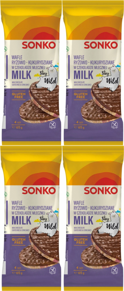 4x Wafle ryżowo-kukurydziane Sonko, w czekoladzie mlecznej, 4 sztuki, 65g