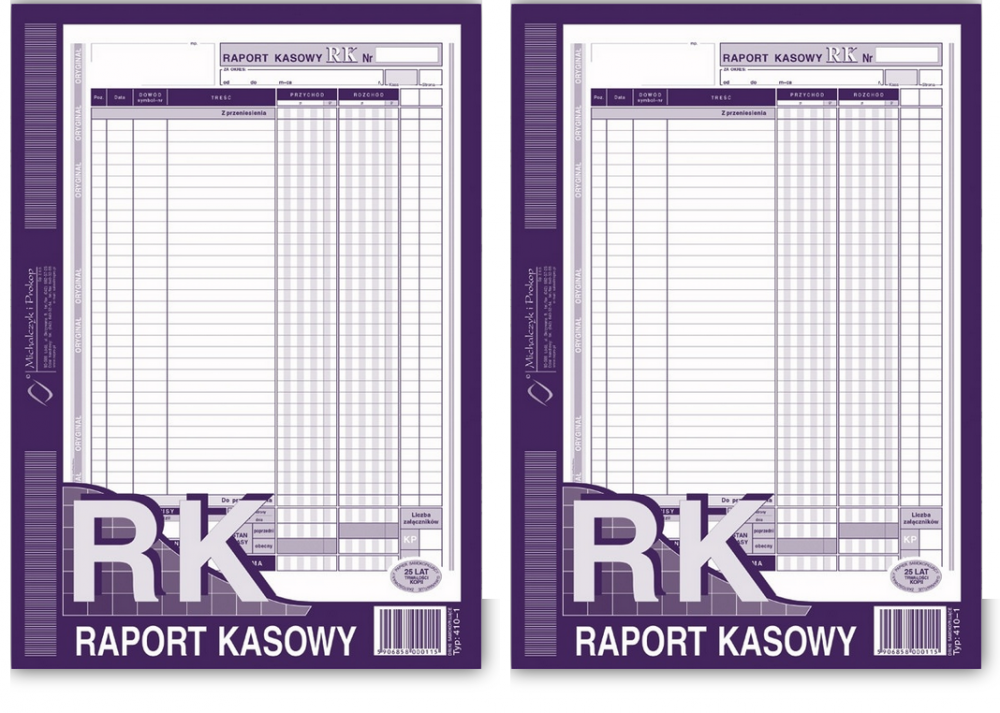 2x Druk akcydensowy Raport kasowy MiP 410-1, A4, 1 kopia, 80k