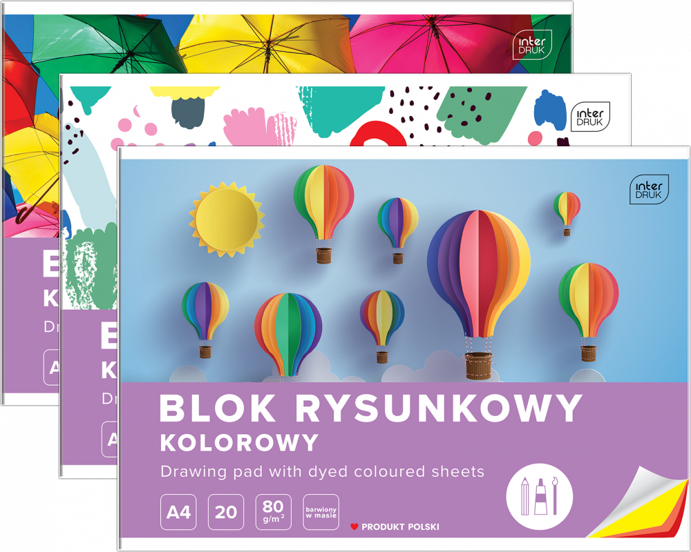 3x blok rysunkowy Interdruk, A4, 20 kartek, kolorowy