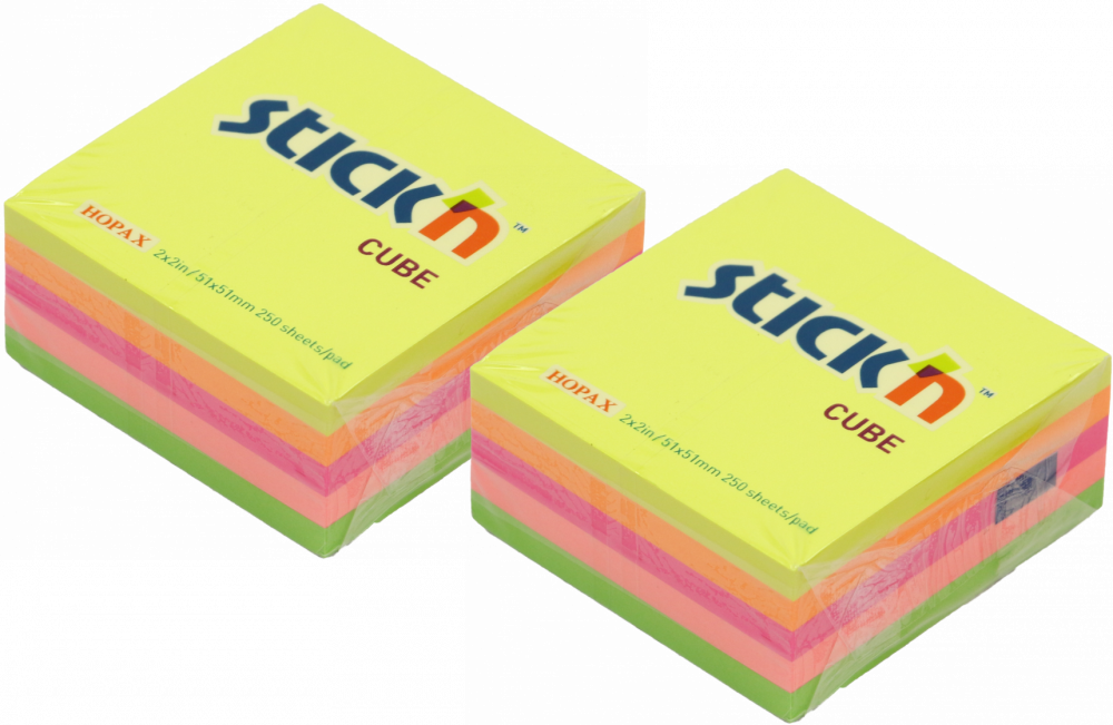2x Karteczki samoprzylepne Stick'n, 51x51mm, 250 karteczek, mix kolorów neonowych
