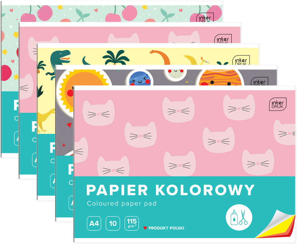 5x Zeszyt papierów kolorowych Interdruk, A4, 10 kartek, mix wzorów