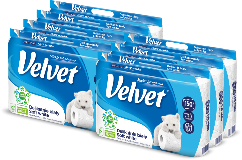 7x Papier toaletowy Velvet, 3-warstwowy, 12 rolek, delikatnie biały