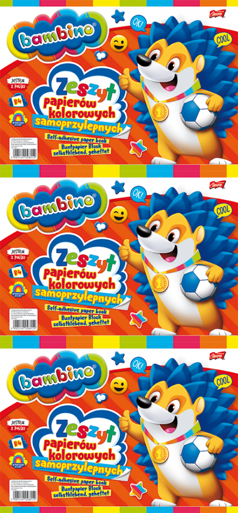 3x Zeszyt papierów kolorowych Bambino Zwierzaki Uczniaki, samoprzylepny, B4, 8 kartek