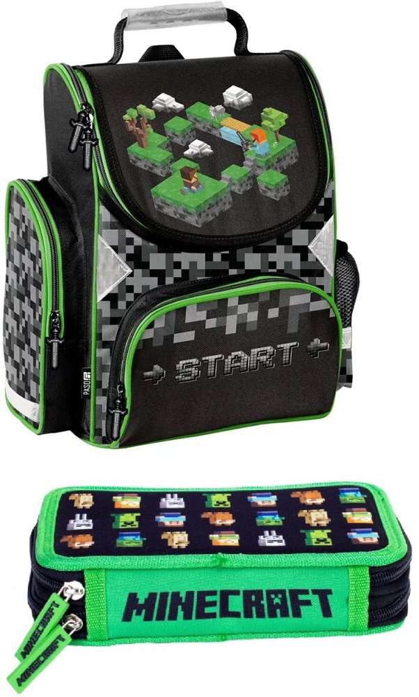 Zestaw Tornister Paso Game, jednokomorowy, 36x28x15cm, czarno-zielony + Piórnik 2-komorowy Astra Minecraft, bez wyposażenia, 20x13.5x4cm, czarno-