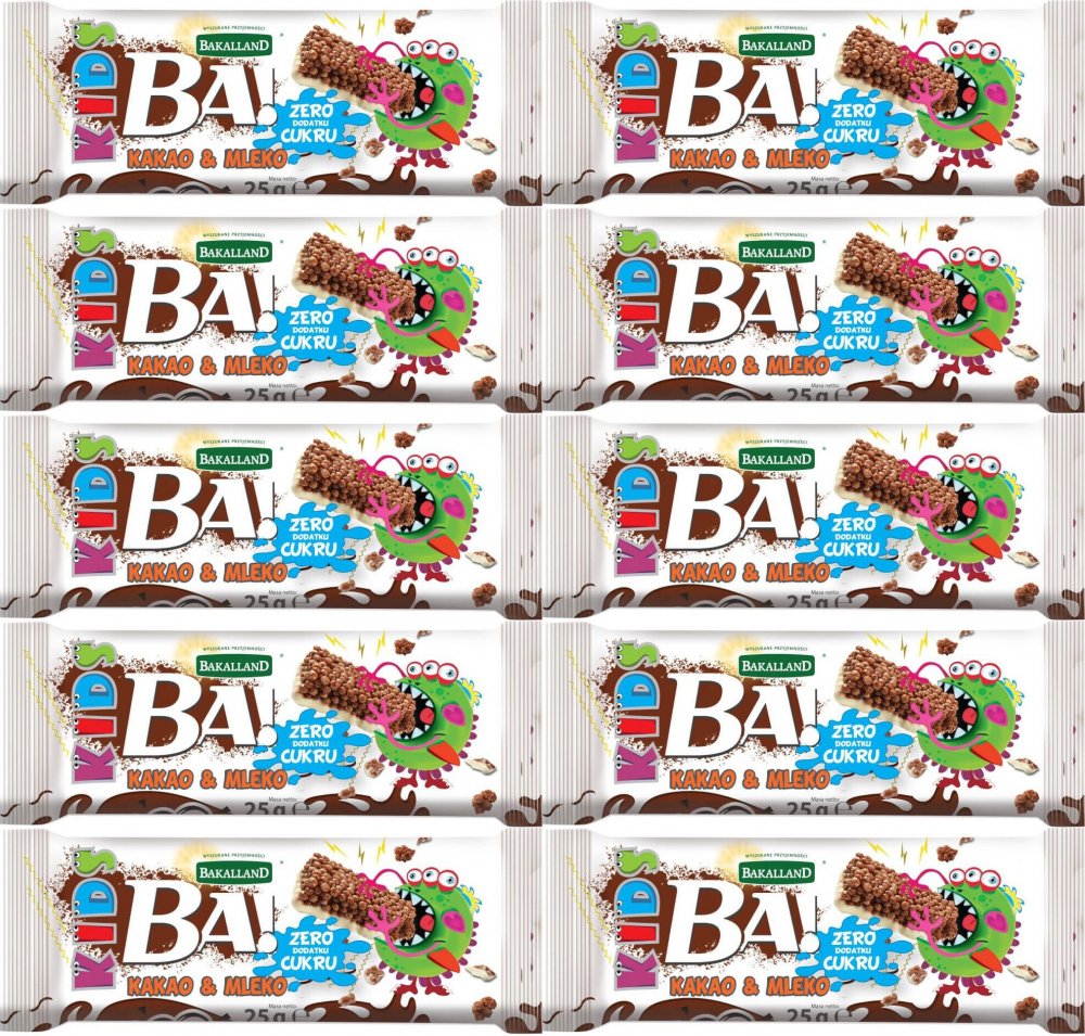 10x Baton dla dzieci Bakalland BA! Kids, kakao i mleko, 25g