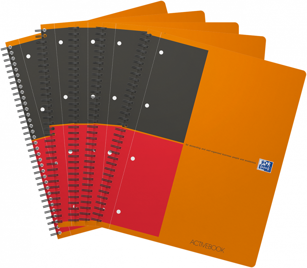 5x Kołonotatnik Oxford International ActiveBook, A4+, w linie, 80 kartek, okładka PP, pomarańczowy