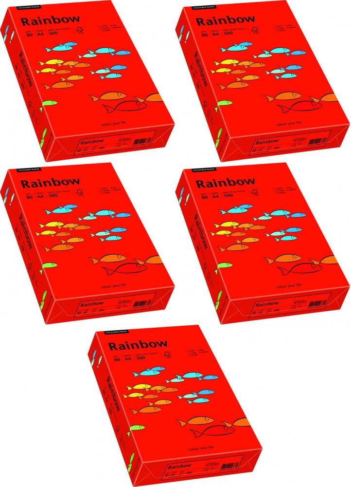 5x Papier kolorowy Rainbow, A4, 80g/m2, 500 arkuszy, czerwony (R28)