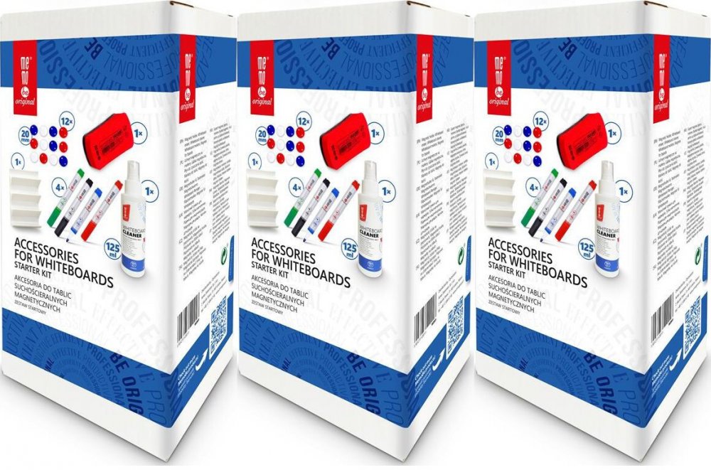 3x Zestaw startowy do tablic MemoBe, płyn 125ml, 4 markery, gąbka magnetyczna, uchwyt na markery, 12 magnesów