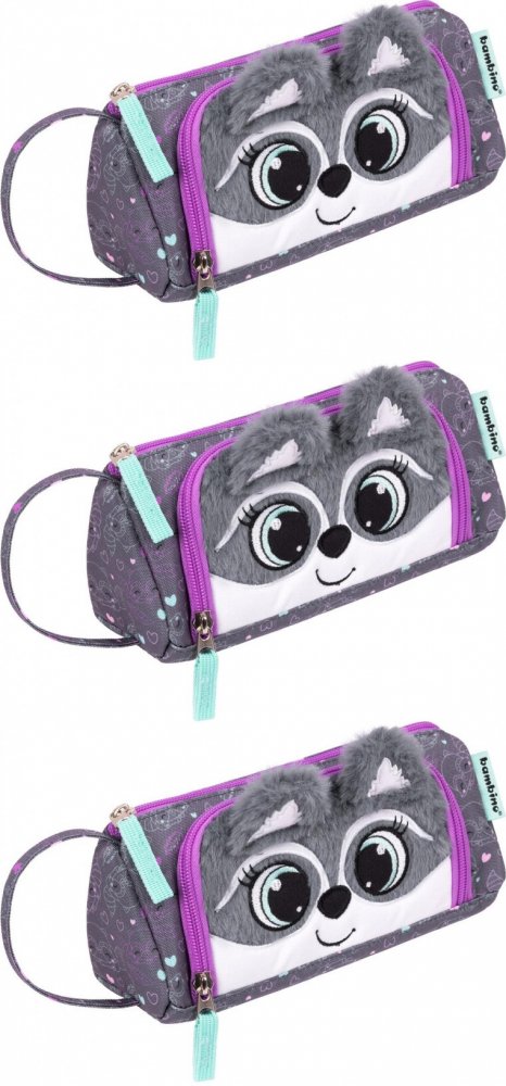 3x Piórnik szkolny Bambino Racoon, saszetka, trójkątny, 9x20.5x7cm