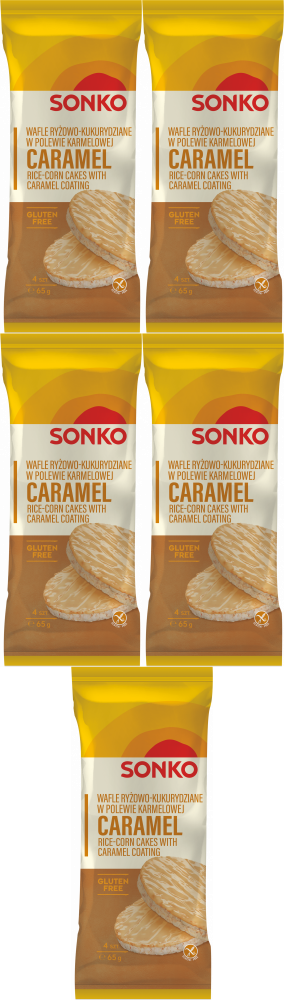 5x Wafle ryżowo-kukurydziane Sonko, w polewie karmelowej, 4 sztuki, 65g